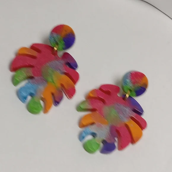 Hand Crafted Rainbow Monstera Leaf Earrings - Picture 2 of 4